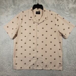 G-NET Button Up Shirt Mens XL Striped Weed Leaf Print Short Sleeve Seersucker